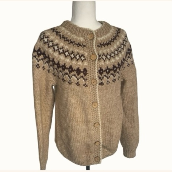 Sweaters - Hand Knit Cardigan Sweater Fair Isle Alpine Wool Style Buttons Beige Large